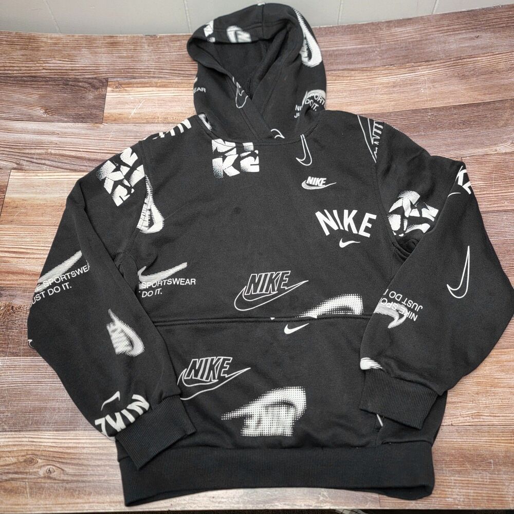 Nike Kids Size L Black Sportswear Club Fleece French Terry Printed Hoodie